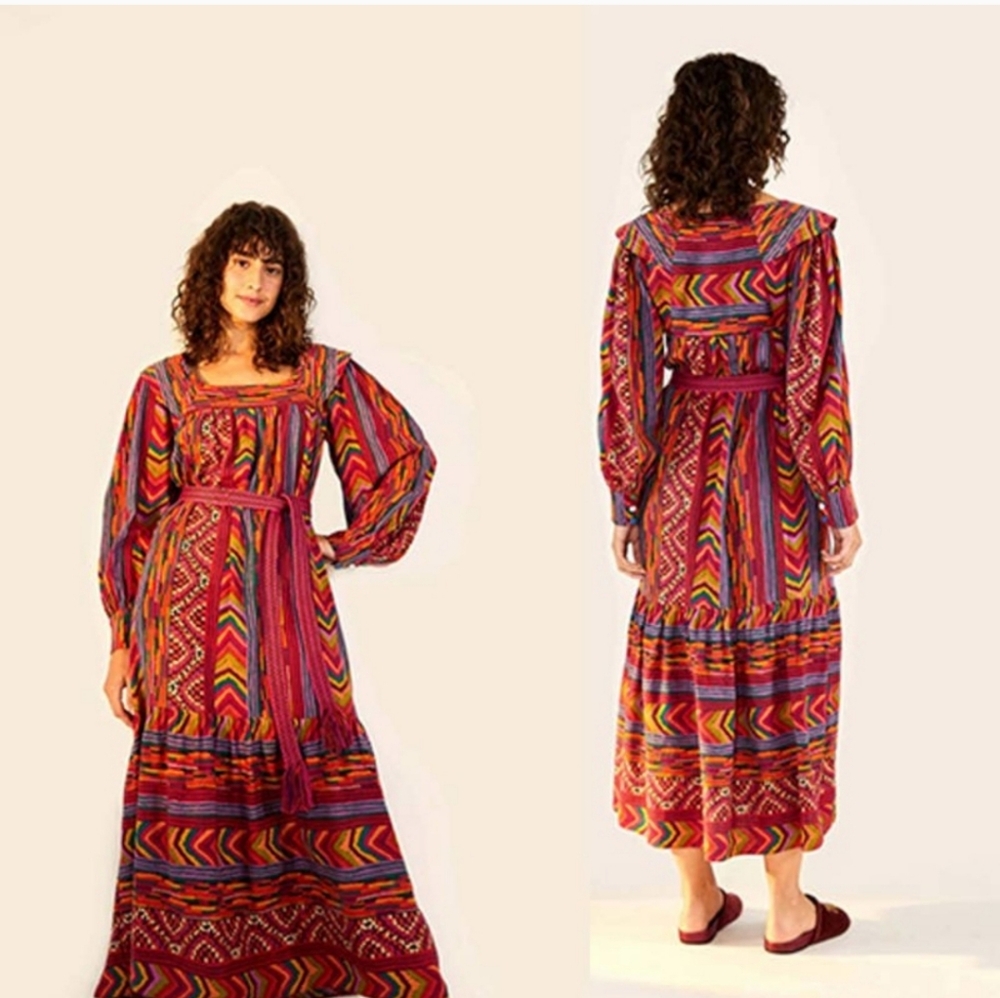 Farm Rio Red Striped Patches Tiered Square Neck Maxi Dress Size: Large NWOT